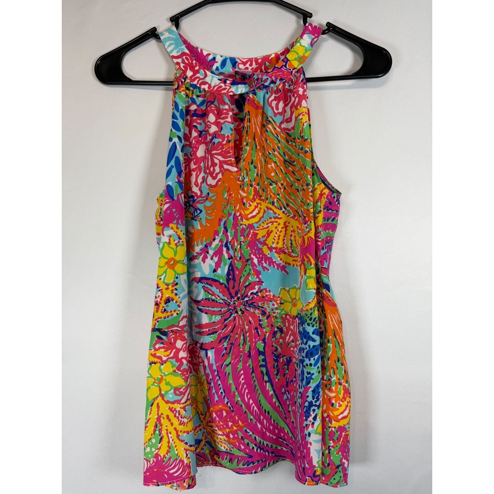 Lilly Pulitzer Silk Halter Top XS Pink Blue Tropical Floral Sleeveless Blouse